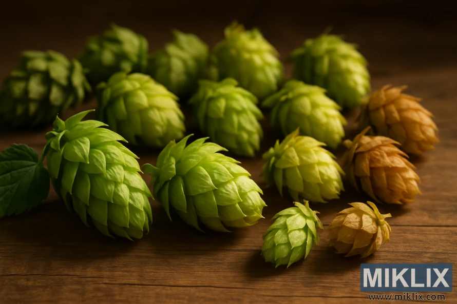 Ուիլամետի գարեջրի խոշորացված պատկեր՝ Cascade, Centennial և Chinook տեսակների հետ միասին, փայտե մակերեսի վրա՝ տաք բնական լույսի ներքո: Ուիլամետի գարեջրի խոշորացված պատկեր՝ Cascade, Centennial և Chinook տեսակների հետ միասին, փայտե մակերեսի վրա՝ տաք բնական լույսի ներքո: