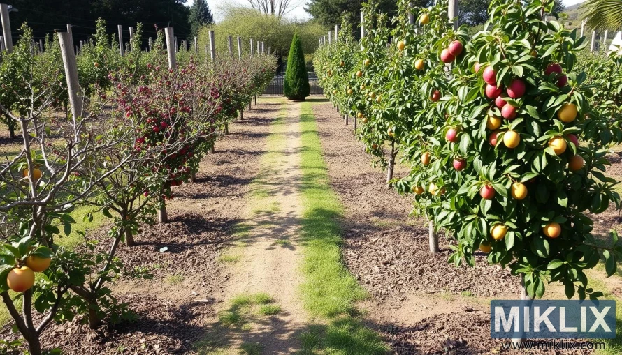 Ряды фруктовых деревьев со спелыми желтыми и красными плодами вдоль центральной грунтовой дорожки в саду. Ряды фруктовых деревьев со спелыми желтыми и красными плодами вдоль центральной грунтовой дорожки в саду.