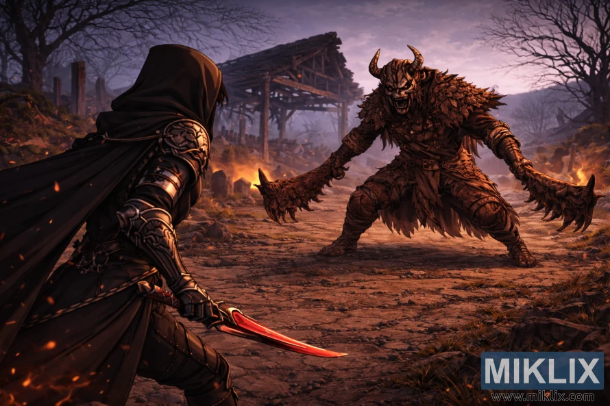 Illustration de style anime montrant le Terni vu de dos, à gauche, face à l'Omenkiller de près, dans le village en ruines des Albinauriques.