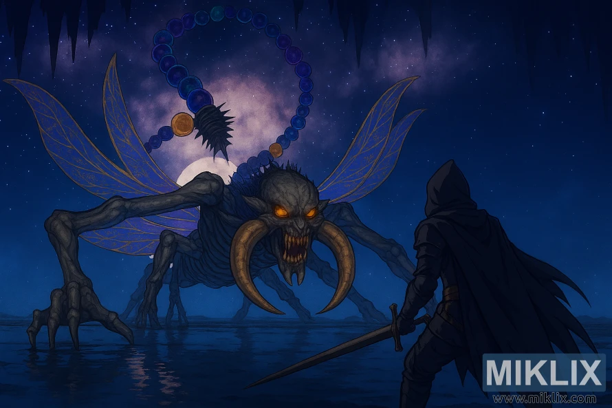 Anime-style fan art of the Tarnished battling Astel, Naturalborn of the Void, in Elden Ring's Grand Cloister