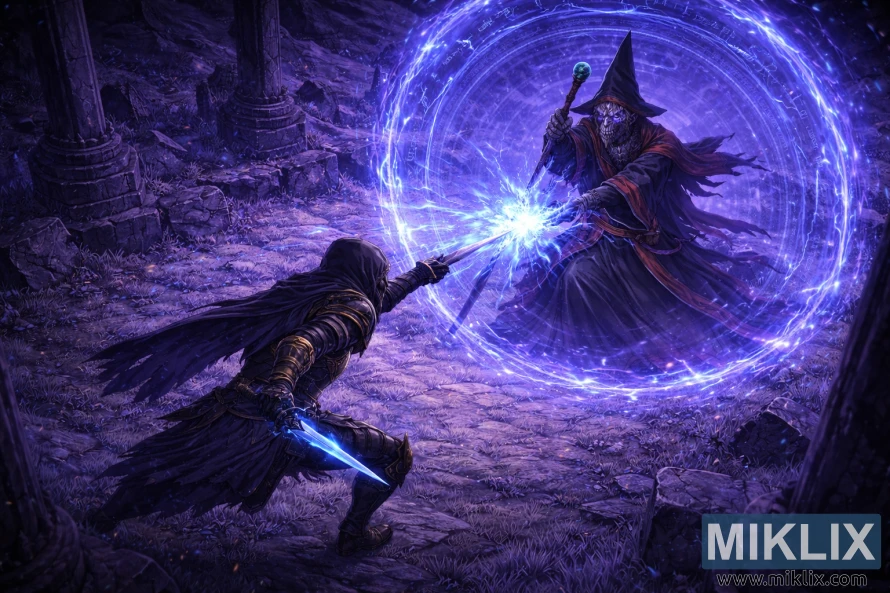 Fan art isométrique de style anime représentant les Ternis combattant le Mage de Bataille Hugues à Sellia Evergaol, de la magie bleue explosant entre eux.