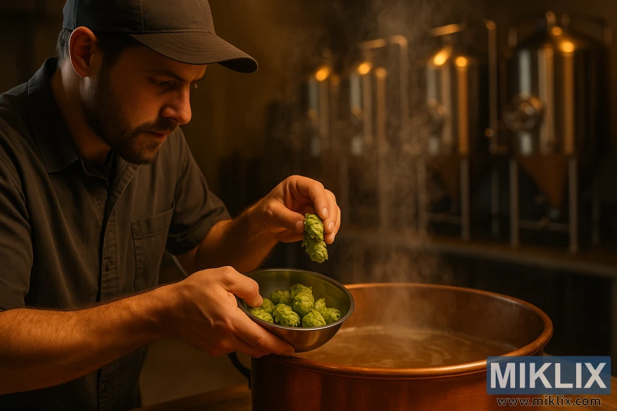 Professional brewer carefully measuring whole cone Cobb hops and adding them to a steaming copper brew kettle with stainless steel tanks in the background. Professional brewer carefully measuring whole cone Cobb hops and adding them to a steaming copper brew kettle with stainless steel tanks in the background.