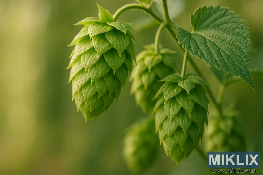 Macro photograph of vibrant green Vanguard hop cones on the vine, illuminated by soft daylight with a blurred golden-green background. Macro photograph of vibrant green Vanguard hop cones on the vine, illuminated by soft daylight with a blurred golden-green background.