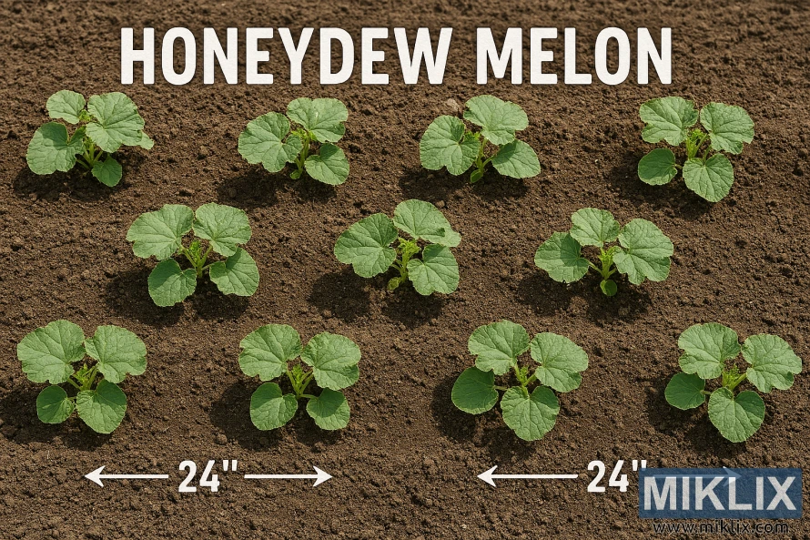 Top-down view of a garden bed with evenly spaced honeydew melon plants and labeled spacing arrows Top-down view of a garden bed with evenly spaced honeydew melon plants and labeled spacing arrows