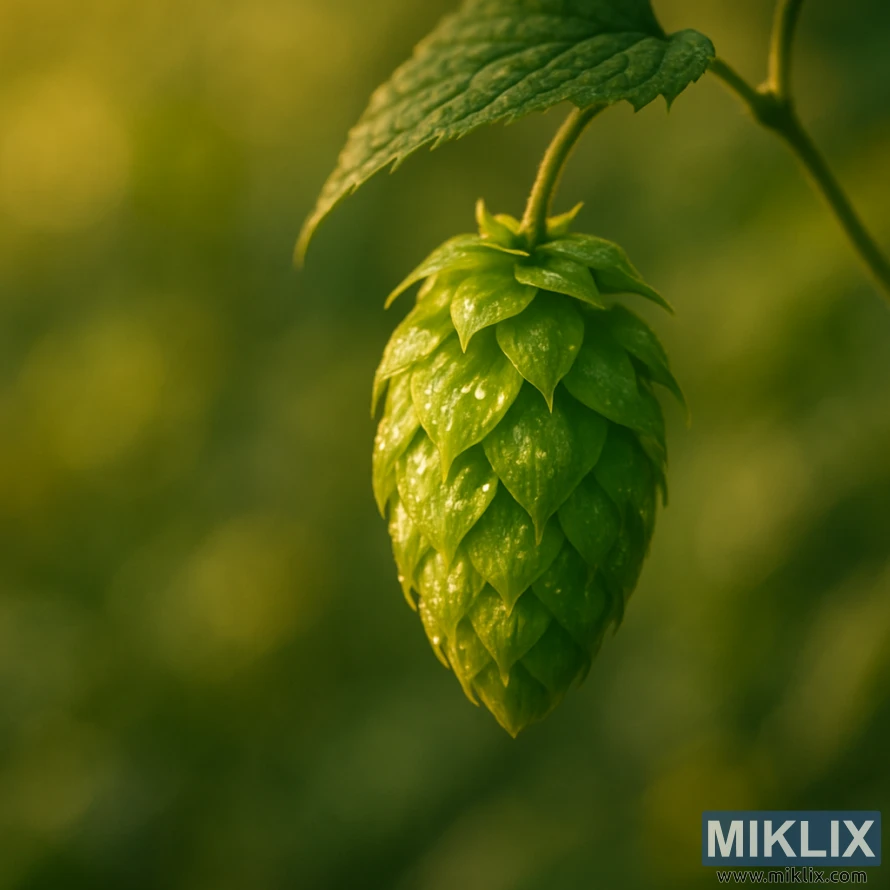 Close-up of a green hop cone glowing in golden sunlight with blurred verdant background. Close-up of a green hop cone glowing in golden sunlight with blurred verdant background.