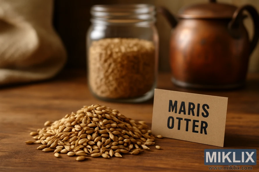 Krupni plan zrna slada Maris Otter na drvenom stolu s označenom karticom, staklenkom ječma i bakrenom posudom za kuhanje u rustikalnom okruženju kućnog pivarstva.