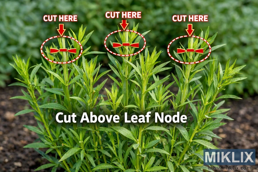 Instructional image showing where to cut tarragon stems above leaf nodes for proper pruning