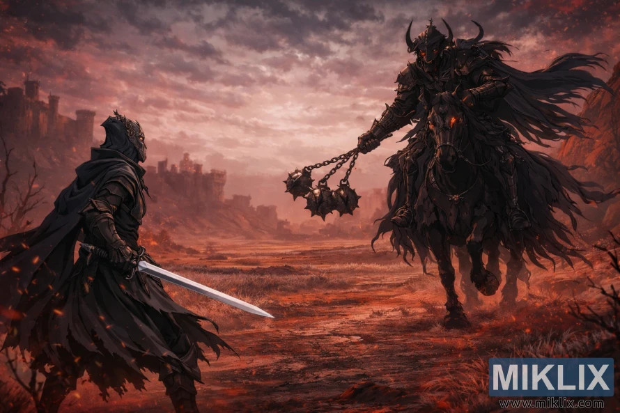 Anime-style fan art of the Tarnished in Black Knife armor facing the Night’s Cavalry wielding a three-balled flail on a skeletal horse in the red wastelands of Caelid just before battle.