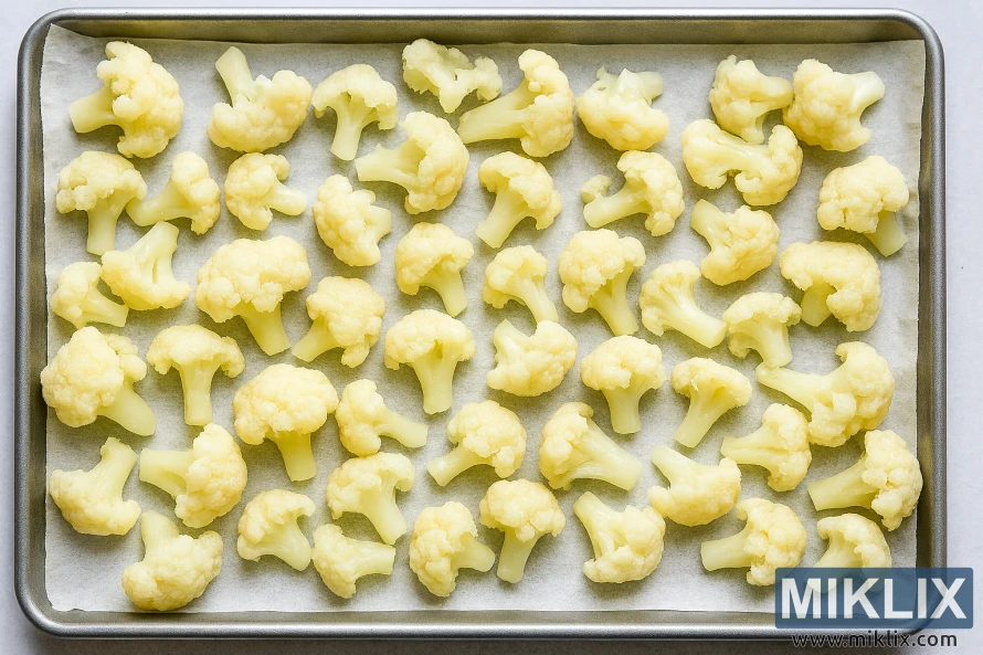 Safata de floretes de coliflor escaldades preparades per congelar