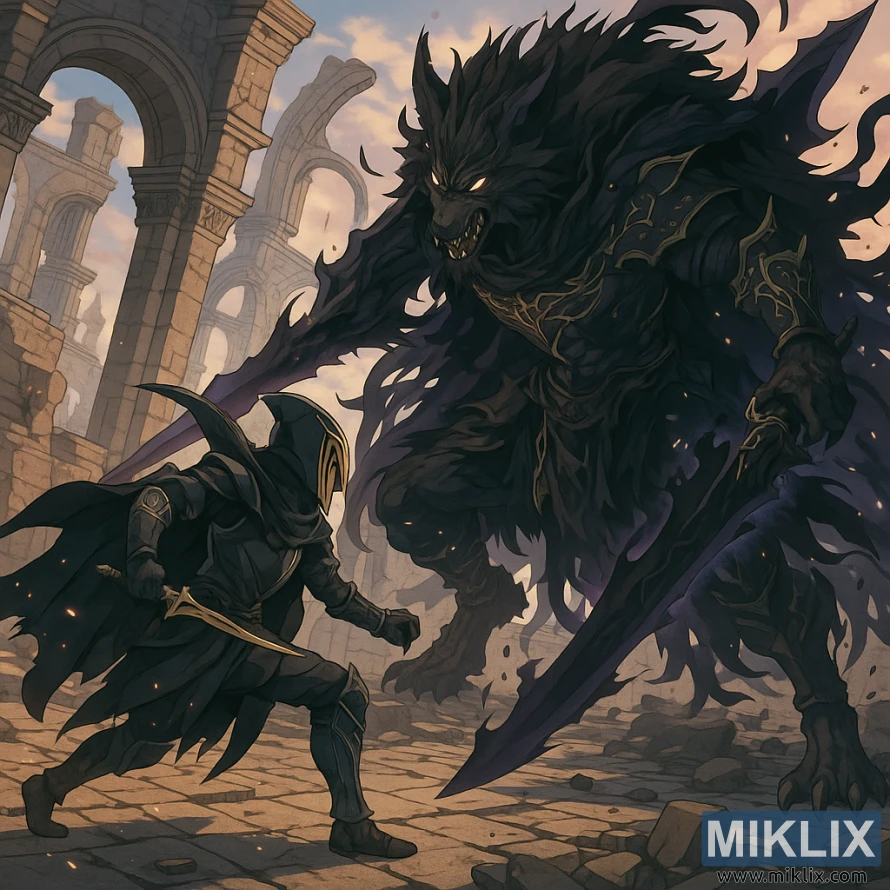 Anime-style scene of a Black Knife armored warrior fighting Maliketh, the Black Blade, amid the ruins of Crumbling Farum Azula.