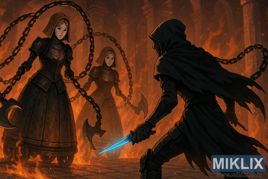 Šoninis vaizdas, kuriame matyti aptemę juodo peilio šarvai, degančioje kameroje atsisukę į dvi Pagrobėjų Mergeles su grandininėmis rankomis.