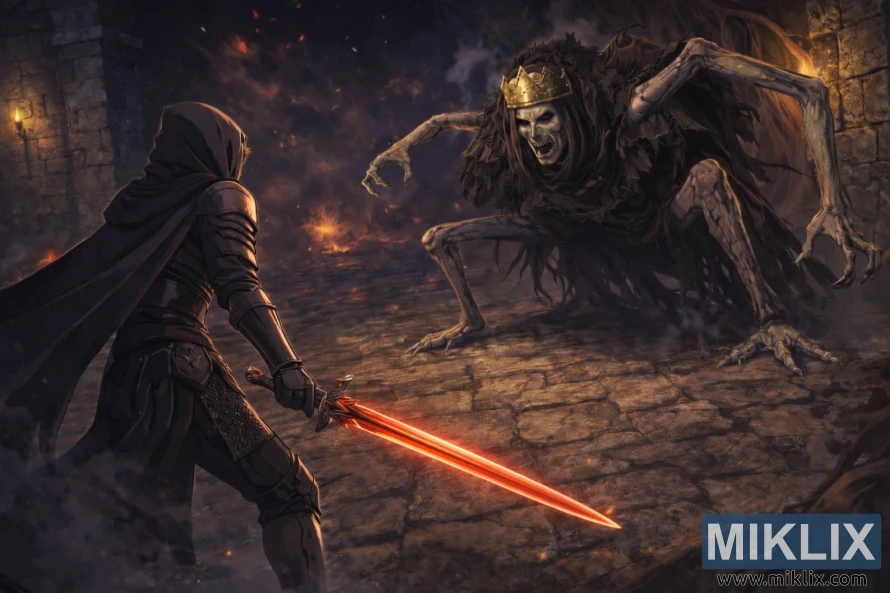 ଆନିମେ-ଶୈଳୀର ଏଲଡେନ୍ ରିଙ୍ଗ ଫ୍ୟାନ୍ ଆର୍ଟରେ କଳା ଛୁରୀ କବଚରେ ଟାର୍ଣ୍ଣିସ୍ଡ୍ ଦେଖାଯାଉଛି, ଯିଏ କିଙ୍ଗସ୍ରେଲମ୍ ରୁଇନ୍ସରେ ଏକ ଉଚ୍ଚ ରୟାଲ୍ ରେଭେନାଣ୍ଟକୁ ସାମ୍ନା କରୁଥିବା ସମୟରେ ଡାହାଣ ହାତରେ ଏକ ଚମକଦାର ଲାଲ ଖଣ୍ଡା ଧରିଛନ୍ତି।