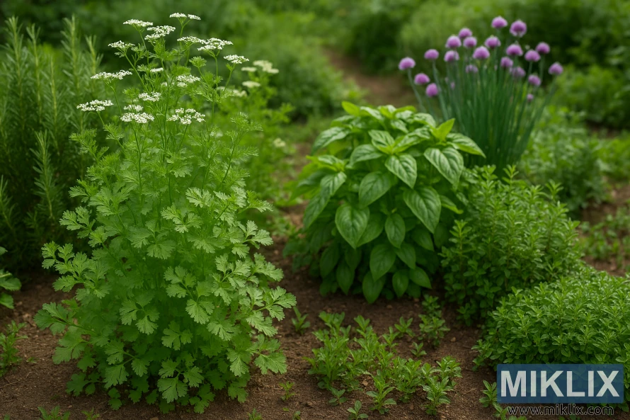 Landscape photo of a vibrant herb garden featuring mature cilantro and other culinary herbs