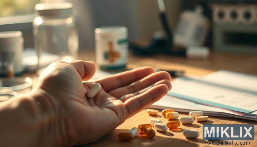 Kezében egy glükózamin kapszula szétszórt tabletták és elmosódott orvosi berendezések a háttérben.