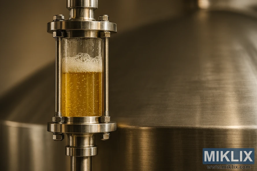 Close-up of a stainless steel fermentation vessel with bubbling golden beer inside a sight glass Close-up of a stainless steel fermentation vessel with bubbling golden beer inside a sight glass