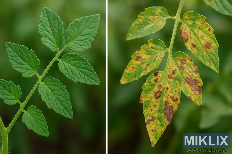 Comparação lado a lado de folhas de tomate verdes e saudáveis e folhas de tomate doentes com manchas amarelo-acastanhadas. Comparação lado a lado de folhas de tomate verdes e saudáveis e folhas de tomate doentes com manchas amarelo-acastanhadas.