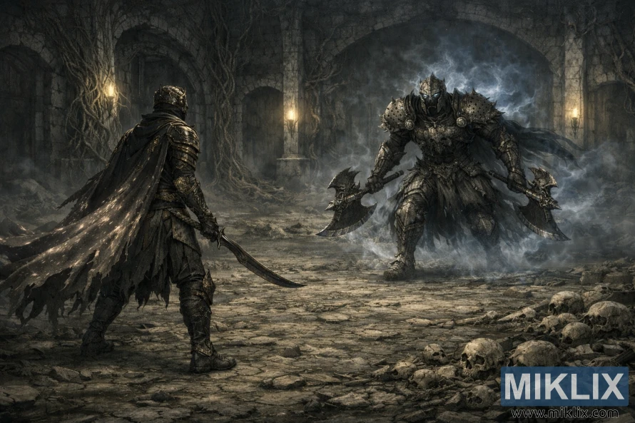 ଏକ ଧ୍ୱଂସପ୍ରାପ୍ତ, କୁହୁଡ଼ିରେ ପରିପୂର୍ଣ୍ଣ ପଥର କାଟାକମ୍ବରେ ଏକ ଦ୍ୱି-କୁରାଢ଼ୀ ଡେଥ୍ ନାଇଟ୍ ସାମ୍ନା କରୁଥିବା ଟାର୍ଣ୍ଣିସ୍ଡର ବିସ୍ତୃତ ଅନ୍ଧକାର-କାଳ୍ପନିକ ଦୃଶ୍ୟ।