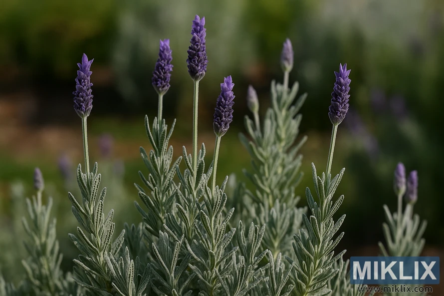 Detaljeret nærbillede af Goodwin Creek grå lavendel med blødt sølvfarvet løv og dyb lilla blomsteraks i en solbeskinnet have. Detaljeret nærbillede af Goodwin Creek grå lavendel med blødt sølvfarvet løv og dyb lilla blomsteraks i en solbeskinnet have.