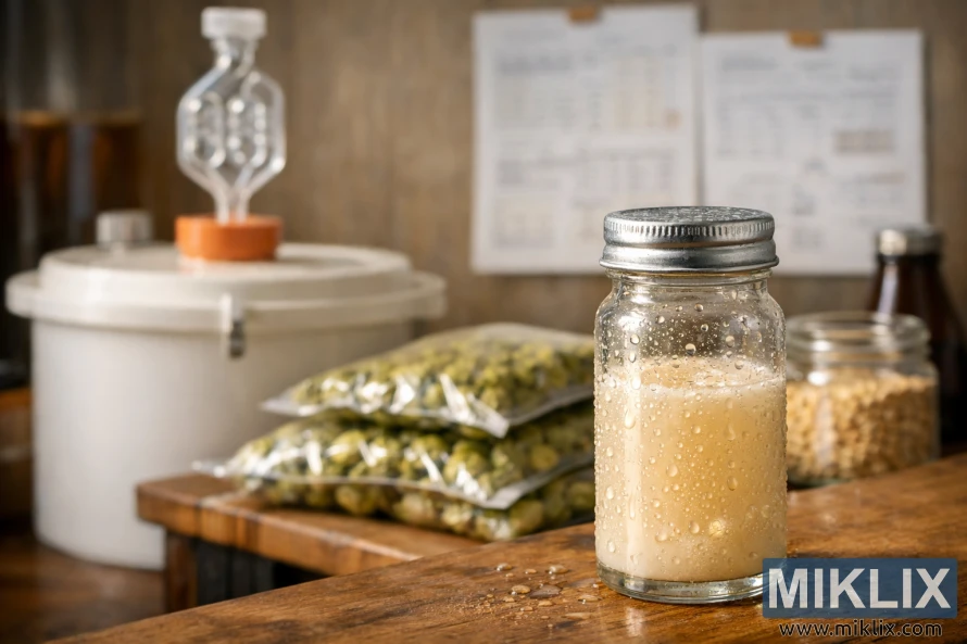 Stiklinis buteliukas su skystomis alaus mielėmis su kondensatu priekiniame plane, alaus darymo įranga ir apyniai šiltoje natūralioje šviesoje ir neryškūs alaus aromatai fone.