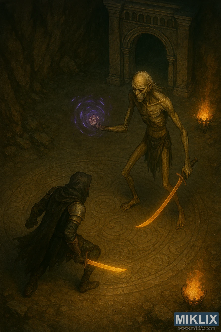 Semi-realistic isometric illustration of the Tarnished in Black Knife armor battling a towering Onyx Lord in Elden Ring's Sealed Tunnel