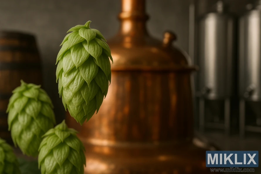 Tettnanger apiņu rogas tuvplānā ar vara brūvēšanas katlu un mucām fonā. Tettnanger apiņu rogas tuvplānā ar vara brūvēšanas katlu un mucām fonā.