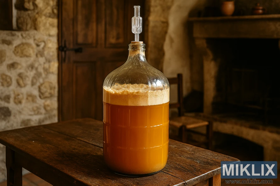 Glass carboy fermenting saison beer on a wooden table in a rustic French home Glass carboy fermenting saison beer on a wooden table in a rustic French home