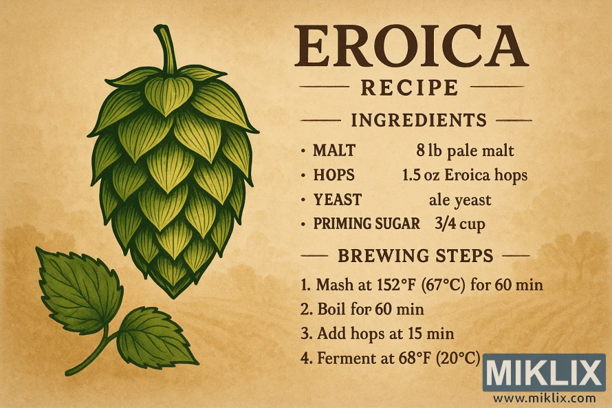 Illustrert oppskriftskort for brygging med Eroica-humle på pergamentbakgrunn.