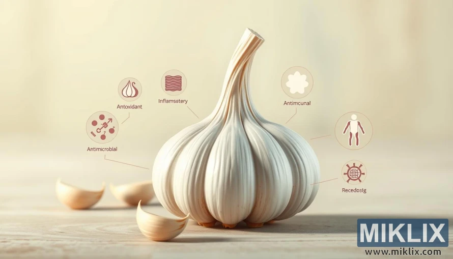 Hình minh họa kỹ thuật số về củ tỏi tươi với các biểu tượng cho thấy lợi ích chống oxy hóa và tăng cường miễn dịch. Hình minh họa kỹ thuật số về củ tỏi tươi với các biểu tượng cho thấy lợi ích chống oxy hóa và tăng cường miễn dịch.