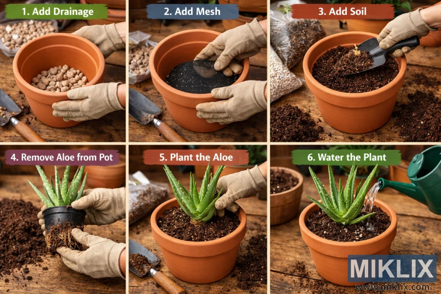 Six-panel image showing the step-by-step process of planting an aloe vera plant in a terracotta pot with proper drainage, from adding pebbles to watering the finished plant. Six-panel image showing the step-by-step process of planting an aloe vera plant in a terracotta pot with proper drainage, from adding pebbles to watering the finished plant.