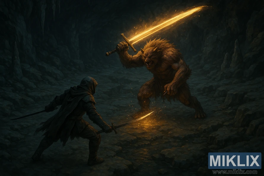 Kara Bıçak savaşçısı, parlayan büyük kılıcıyla bir mağarada Misbegotten Crusader'la savaşıyor. Kara Bıçak savaşçısı, parlayan büyük kılıcıyla bir mağarada Misbegotten Crusader'la savaşıyor.