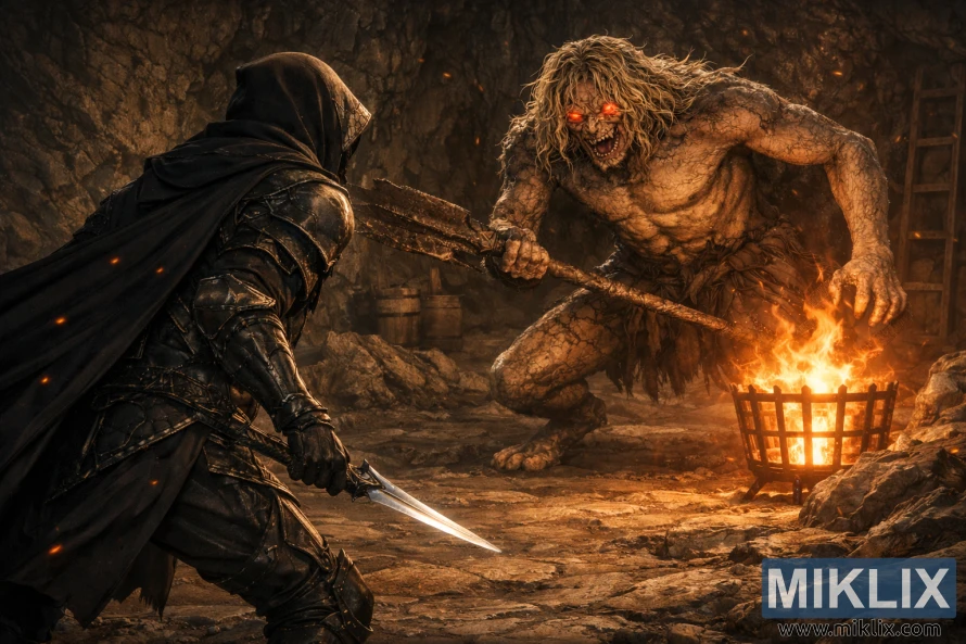 Dark fantasy realistic artwork of a Black Knife armored Tarnished confronting a massive Scaly Misbegotten in a firelit cavern before battle.