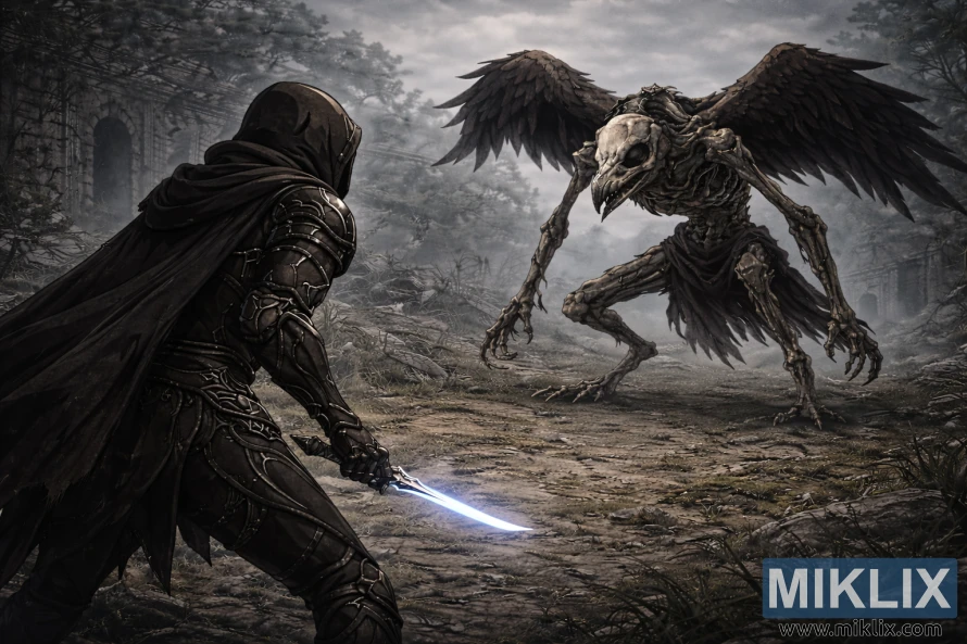 Semi realistic dark fantasy scene of a hooded armored warrior seen from behind confronting a skeletal birdlike monster in foggy ancient ruins.