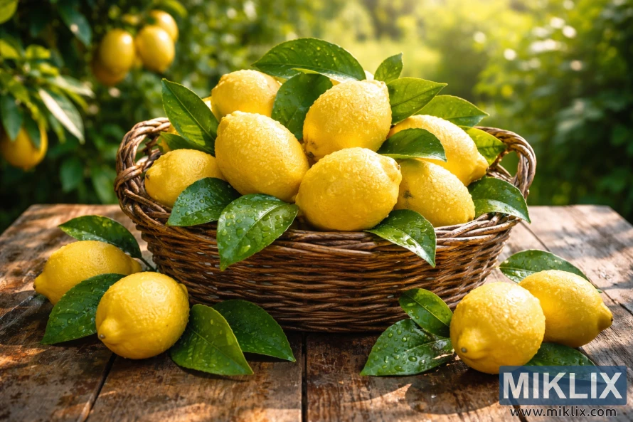 Giỏ chanh vàng tươi vừa hái với những chiếc lá xanh bóng mượt đặt trên chiếc bàn gỗ mộc mạc trong một khu vườn ngập nắng.