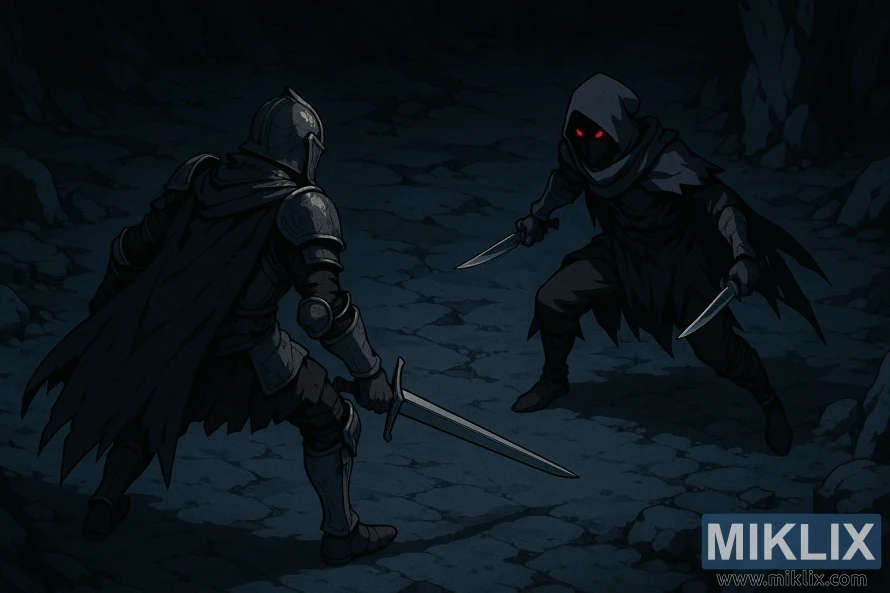 Isometric anime-style view of the Tarnished with a sword facing a dual-dagger Black Knife Assassin in a dark cave from Elden Ring. Isometric anime-style view of the Tarnished with a sword facing a dual-dagger Black Knife Assassin in a dark cave from Elden Ring.