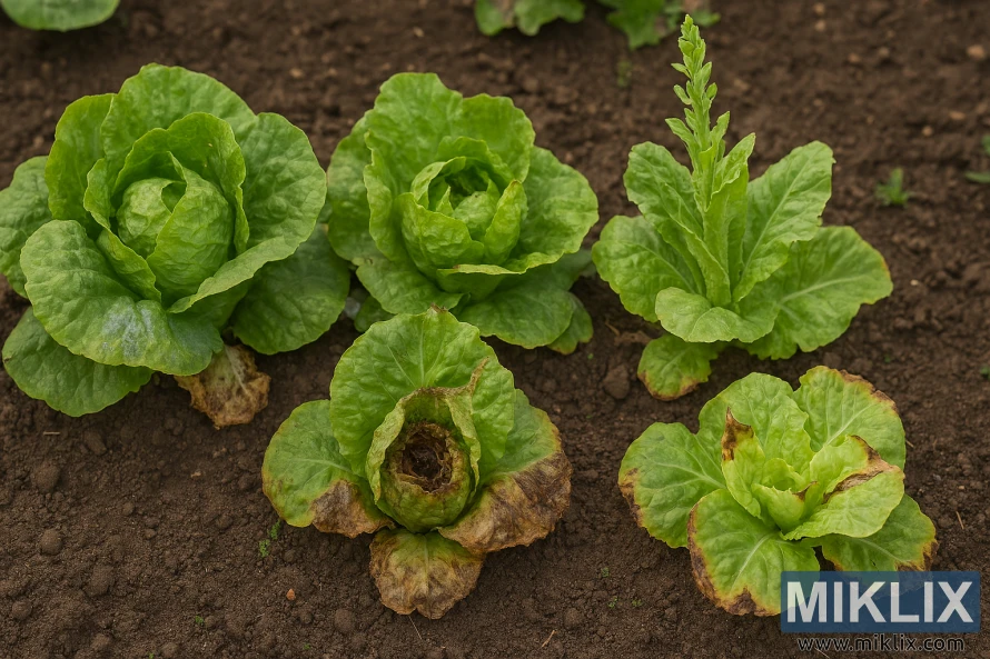 Close-up of four lettuce plants showing downy mildew, bottom rot, bolting, and tip burn
