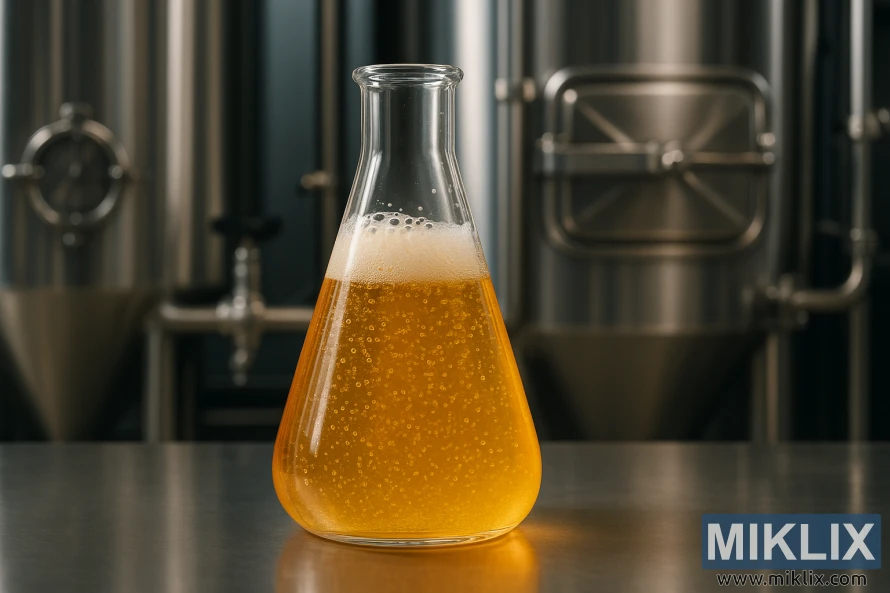 A glass laboratory flask filled with a golden, bubbly liquid set on a stainless steel surface in front of modern brewing tanks. A glass laboratory flask filled with a golden, bubbly liquid set on a stainless steel surface in front of modern brewing tanks.