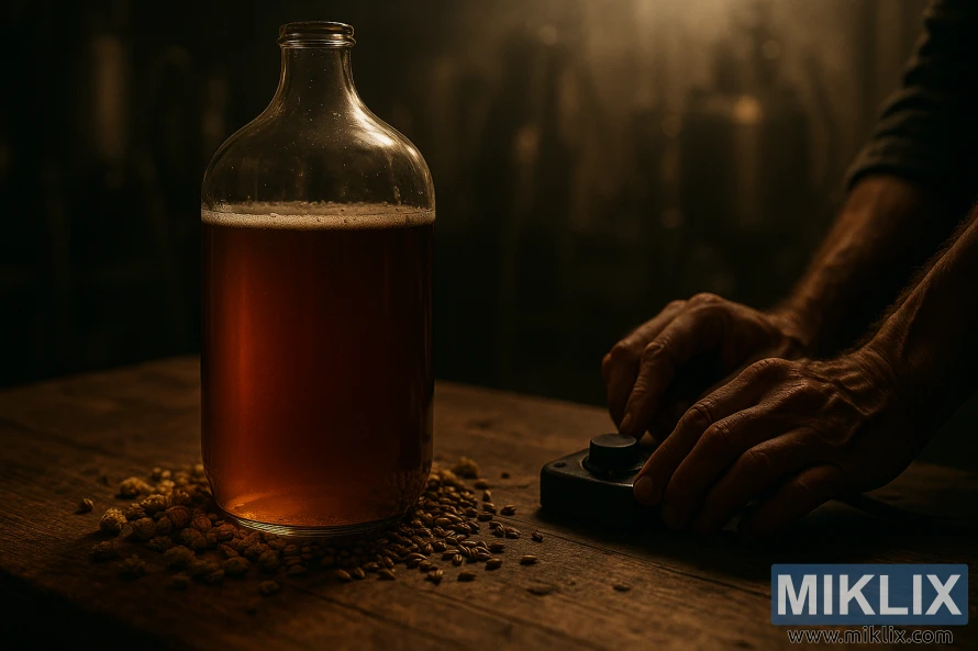 Stanica za kuhanje piva sa staklenim balonom jantarne tekućine, hmelja, žitarica i ruku koje podešavaju grijaću podlogu.