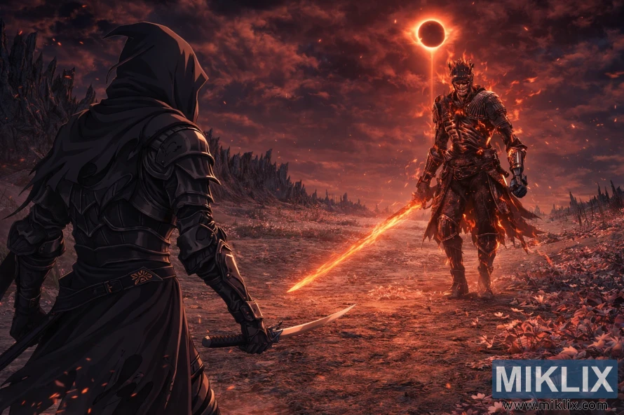 Անիմե ոճի զինվոր մուգ ստվերային զրահով, որը դեմ առ դեմ է կանգնած բոցավառ ասպետի հետ՝ բոցավառ սրով, կրակոտ խավարման տակ, ամայի մարտադաշտում։