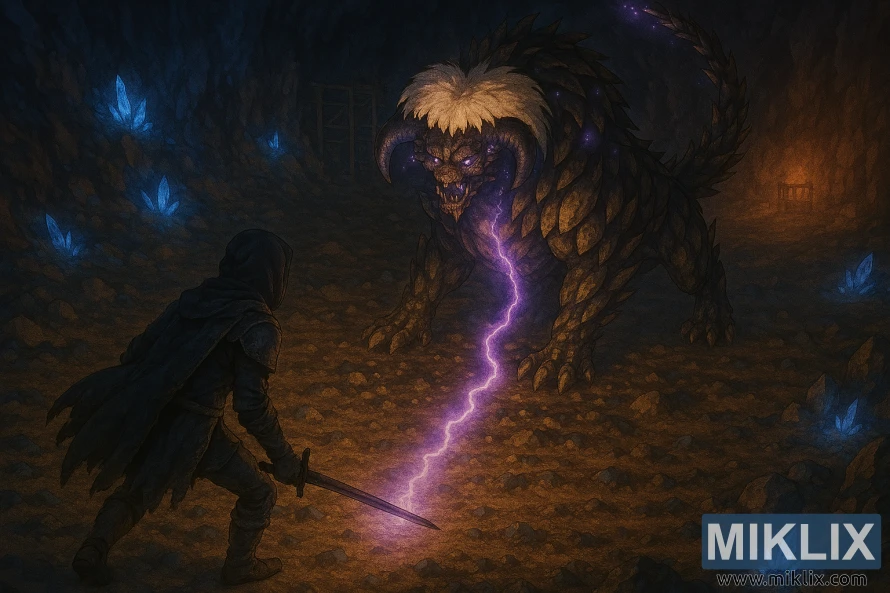 ସ୍ଫଟିକ-ଆଲୋକିତ ଗୁମ୍ଫାରେ ଫଲିଂଷ୍ଟାର ପଶୁ ସହିତ ଲଢ଼ୁଥିବା କଳଙ୍କିତ ବ୍ୟକ୍ତିଙ୍କ ଅର୍ଦ୍ଧ-ବାସ୍ତବବାଦୀ ଚିତ୍ର