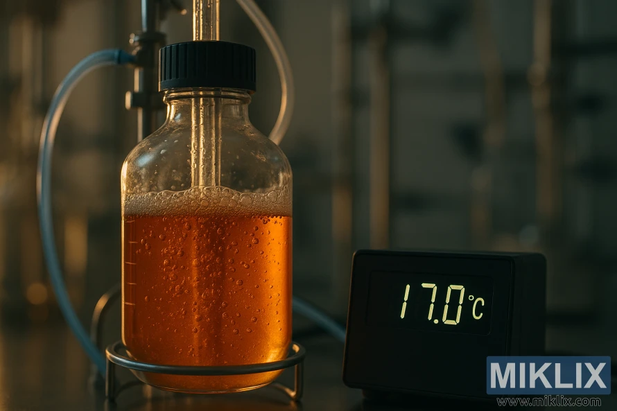 실험실 환경에서 거품이 일어나는 호박색 액체와 17°C를 나타내는 디지털 디스플레이가 있는 유리 발효 용기. 실험실 환경에서 거품이 일어나는 호박색 액체와 17°C를 나타내는 디지털 디스플레이가 있는 유리 발효 용기.