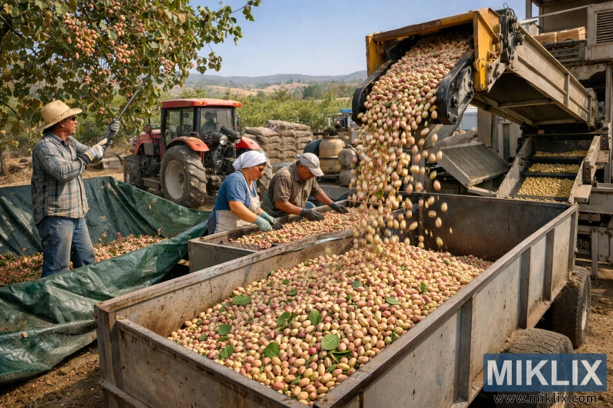 工人從果園的樹上採摘開心果,然後用拖拉機驅動的輸送帶進行加工,將新鮮採摘的堅果裝滿拖車。 工人從果園的樹上採摘開心果,然後用拖拉機驅動的輸送帶進行加工,將新鮮採摘的堅果裝滿拖車。