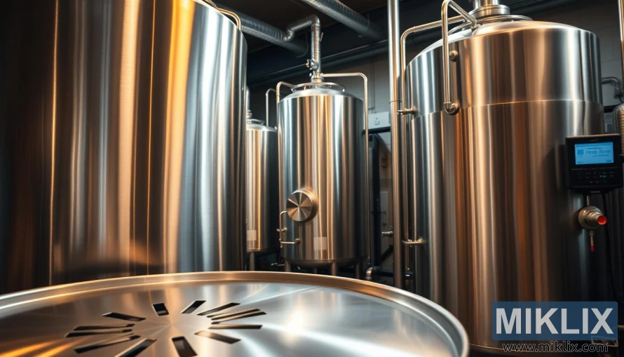 Moderne bryggeoppsett i rustfritt stål med mosekar, gjæringsbeholder og kontrollpanel under varm belysning.