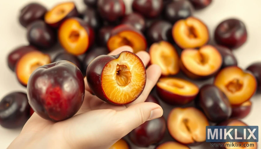Крупный план спелых слив с темно-фиолетовой кожицей и золотистой мякотью, одна из которых находится в открытой ладони на светлом фоне.