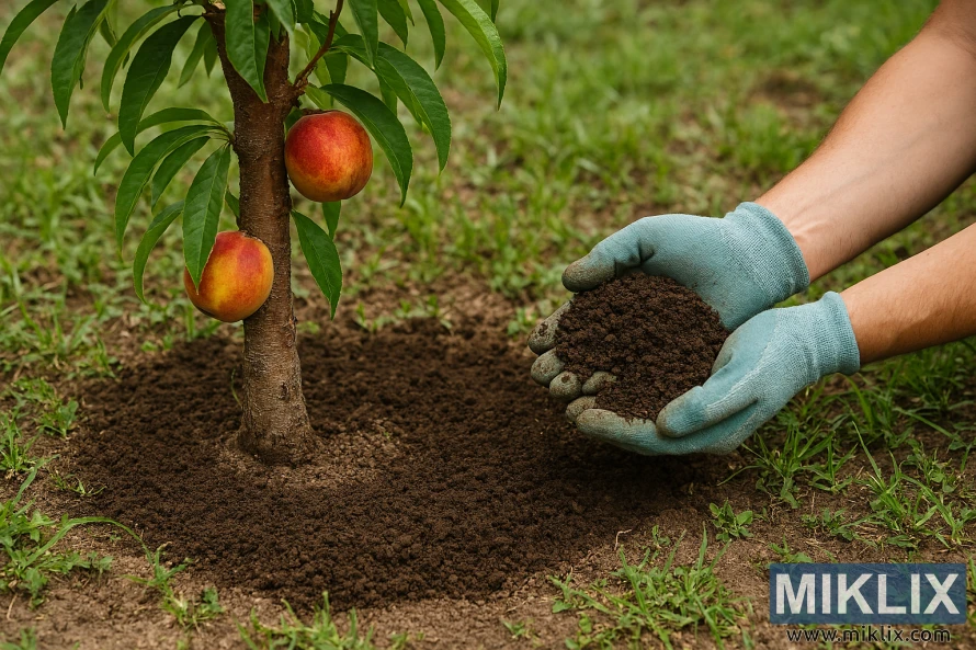 Gardener wearing gloves applies organic fertilizer around the base of a young nectarine tree.