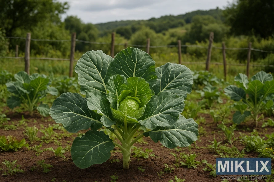 A close-up of Portuguese kale (Tronchuda Beira) growing in a lush countryside vegetable garden with a wooden fence and rolling green hills in the background.