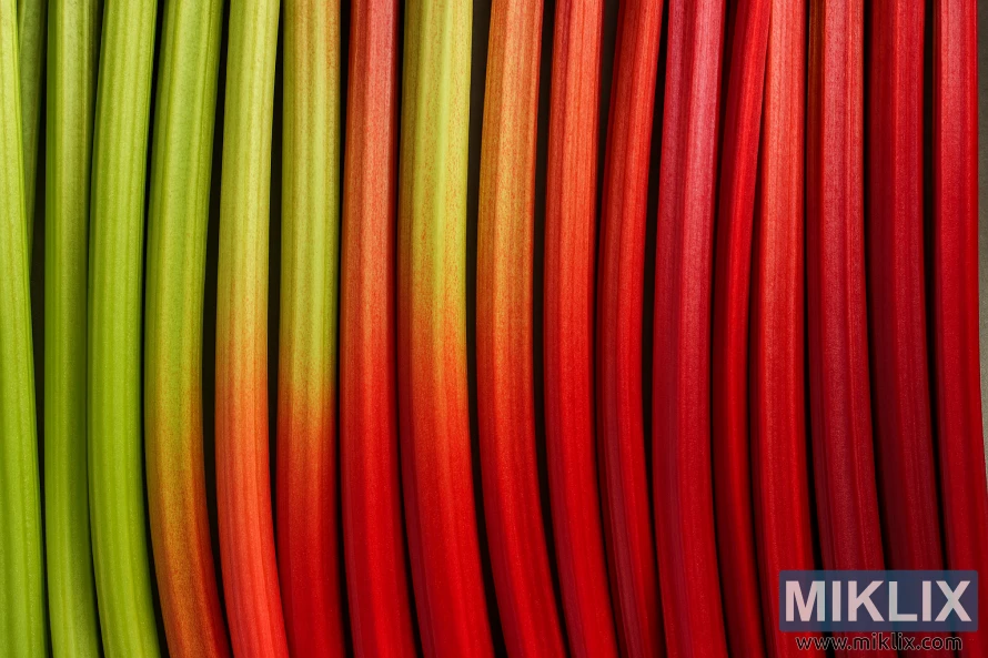 Close-up of rhubarb stalks arranged side by side, showing color variations from green to red Close-up of rhubarb stalks arranged side by side, showing color variations from green to red