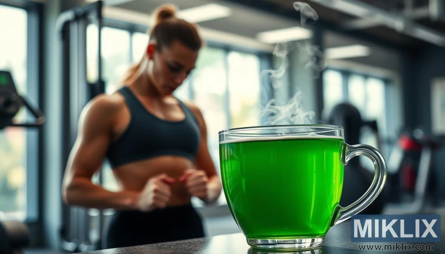 Уураар жигнэж буй аяга ногоон цайтай дасгал хийж буй бие бялдартай хүн. Уураар жигнэж буй аяга ногоон цайтай дасгал хийж буй бие бялдартай хүн.