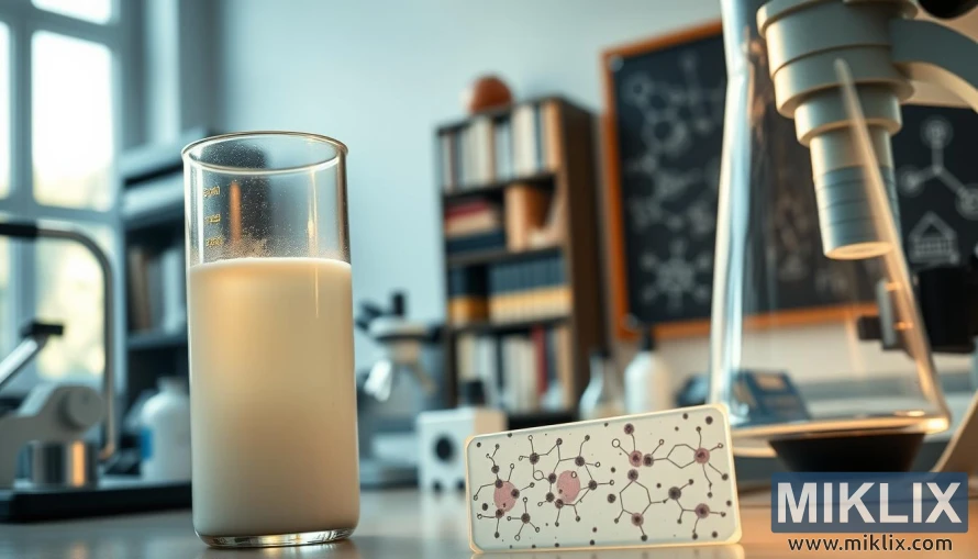 لیوان کفیر شیری در آزمایشگاه با اسلایدهای میکروسکوپی و ابزارهای تحقیقاتی. لیوان کفیر شیری در آزمایشگاه با اسلایدهای میکروسکوپی و ابزارهای تحقیقاتی.