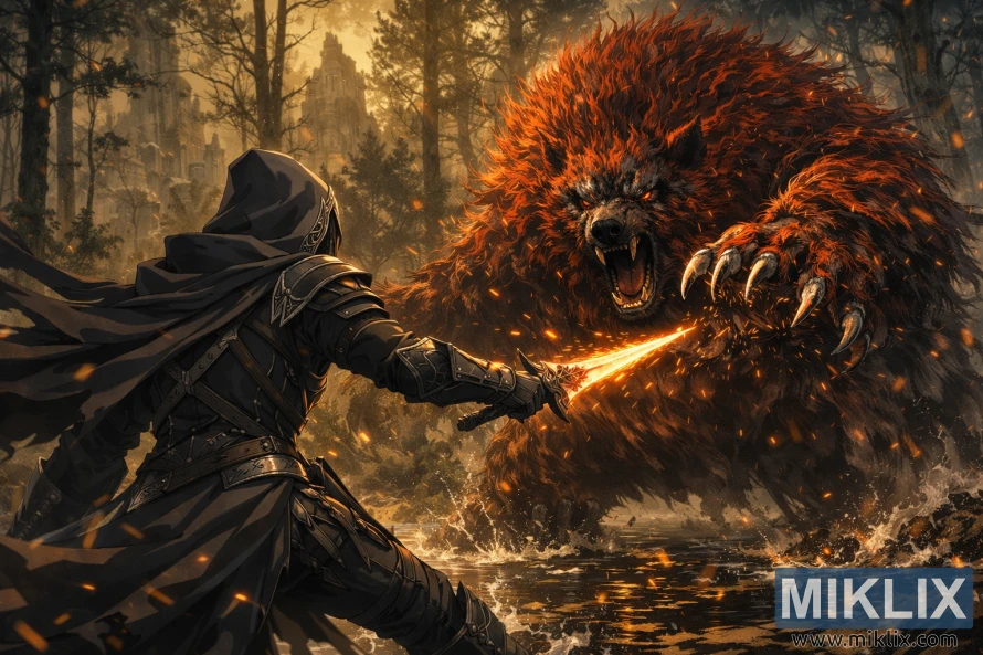 Back-view anime fan art of the Tarnished in Black Knife armor thrusting a glowing dagger toward Ralva the Great Red Bear in the misty wetlands of Scadu Altus, sparks and water spraying around them.