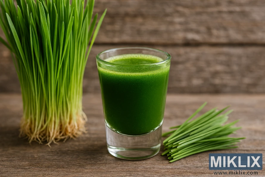 Shot glass filled with vibrant green wheatgrass juice beside fresh wheatgrass blades on rustic wood Shot glass filled with vibrant green wheatgrass juice beside fresh wheatgrass blades on rustic wood